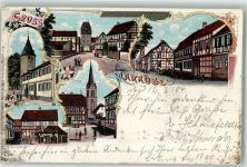 63546 W6451 Marköbel 1904 Lithographie Rathaus Kirche Fachwerkhäuser