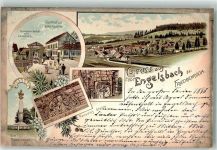 99894 O5801 Engelsbach Lithographie Gasthaus Zur guten Quelle Gasthaus Zum Paradies Kandelaber Paradies Steine