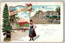 31559 W3053 Haste b Wunstorf 1901 Lithographie Volkstracht Bahnhof Alte Oberförsterei