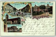 16945 O1922 Meyenburg , Prignitz 1899 Gebrauchsspuren Bahnhof Kirche Schloss Marktstraße Lithographie