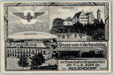 88326 W7960 Aulendorf , Württ Gebrauchsspuren 4. Verbandstag der Eisenbahn Angestellten Juni 1913 Flügelrad Schloss Bahnhof Lithographie