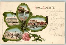 04680 O7241 Colditz 1901 Lithographie Bahnhofstraße Stadtschule Vierblättriges Kleeblatt Passepartout