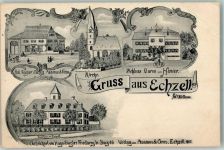 61200 W6363 Echzell 1908 Gebrauchsspuren Geschäft Robert Wagner nachflg. Assmus & Gros. Kirche Schloss Baron von Hanier Forsthaus Lithographie