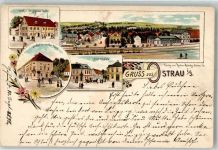 04749 O7303 Ostrau , Sachs 1895 Lithographie Gasthaus Zur goldenen Taube Bahnhof Gasthaus Zum wilden Mann Bismarkplatz