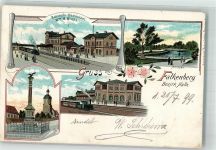 04895 O7900 Falkenberg , Elster 1899 Lithographie Kriegerdenkmal Bahnhof Anlagen Bahnhofsgasthaus