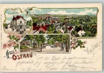 04749 O7303 Ostrau , Sachs 1899 Lithographie Gasthaus zum Wilden Mann Gartenwirtschaft