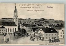 84539 W8261 Ampfing 1906 Lithographie Gasthaus Hinterecker Postkutsche Fuhrwek Pfarrkirche St. Margareta signiert