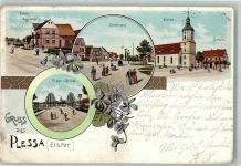 04928 O7907 Plessa 1900 Lithographie Post Kirche Elster-Brücke Bahnpost Zug 684