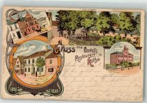 04571 O7209 Rötha 1902 Lithographie Post Postkutsche Gasthaus Oertel Garten Kegelbahn