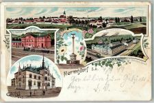 07629 O6530 Hermsdorf , Thür 1899 Lithographie Bahnhof Kriegerdenkmal Rathaus Porzellanfabrik