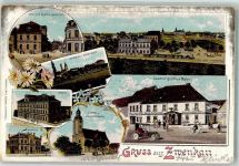 04442 O7114 Zwenkau 1909 Lithographie Pegauer Platz Marktstraße Gasthaus Zum goldnen Adler Schule Rathaus Kirche Kriegerdenkmal