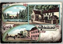 04838 O7281 Pehritzsch Lithographie Dorfstraße Gasthaus Kirche Teich Bahnpost Leipzig