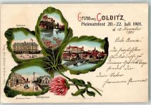 04680 O7241 Colditz 1901 Lithographie Heimatfest 1901 Bahnhofstraße Stadtschule Mulden-Brücke