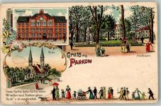 10115 O1100 Pankow 1900 Lithographie Realschule Amalfenpark Kirche Reise nach Pankow