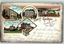 04643 O7230 Geithain 1900 Lithographie Gasthaus Zur Linde Max Köhler Schule Bahnhof Kirche Bahnpost Zug 1031