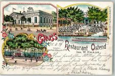 10115 O1190 Niederschöneweide 1899 Lithographie Gasthaus Ostend Spreeufer Salondampfer