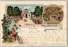 04435 O7144 Schkeuditz 1900 Lithographie Gasthaus Waldkater Alfred Schmidt Fahrrad