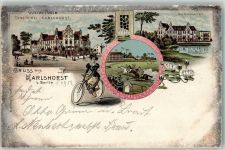 10115 O1157 Karlshorst 1903 Lithographie Fahrradfahrerin Galopprennen Conditorei Pusch Seerosen