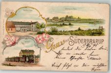 24392 W2347 Süderbrarup 1897 Gebrauchsspuren Lithographie Bahnhof Bahnhof-Hotel Altersthum-Moor