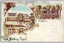 04758 O7260 Oschatz 1897 Gebrauchsspuren Lithographie Gasthaus Weinberg Konzertgarten