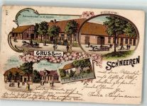 31535 W3071 Schneeren 1907 Lithographie Gasthaus Asche I. und II. Schule Kirche Stauchung