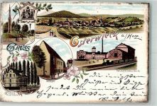 38835 O3606 Osterwieck 1902 Gebrauchsspuren Lithographie Bahnhof Zuckerfabrik Höhere Privat-Schule Rathaus Denkmäler Wappen beschnitten