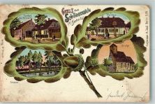 03249 O7981 Schönewalde , NL Gebrauchsspuren Lithographie Eichenblatt Gasthaus Strauch Pfarrhaus Kirche