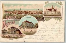 88512 W7947 Mengen , Württ Lithographie Hotel Bayer Bahnhof Krankenhaus