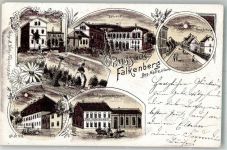 04895 O7900 Falkenberg , Elster Lithographie Molkerei Bahnhof Neue Schule Gasthaus z. goldenen Anker