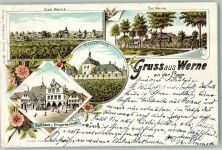 59368 W4712 Werne 1896 Lithographie Rathaus Kriegerdenkmal Klosterkirche Bad Werne