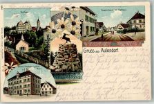 88326 W7960 Aulendorf , Württ 1906 Lithographie Schloß Schule Gasthaus zum grünen Baum Hauptstraße Rarhaus