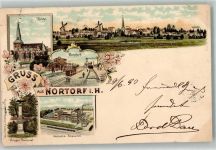 24589 W2353 Nortorf b Neumünster 1897 Lithographie Kirche Kriegerdenkmal Holsatia Brauerei Bahnhof Windmühlen