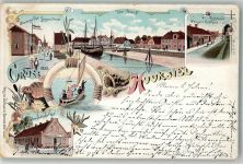 26434 W2942 Hooksiel 1898 Lithographie Langenstraße Oldenburger Hof Gasthaus Jeverländischer Hof Segelboot Poststraße Gasthaus Wigger