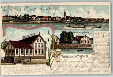 63477 W6457 Dörnigheim 1910 Gebrauchsspuren Lithographie Mainraddampfer Gasthaus zur Mainlust