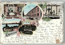 18292 O2602 Krakow a See 1901 Gebrauchsspuren Lithographie Hotel Gütschow Speisezimmer Garten Krakower-See