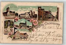 39387 O3230 Oschersleben Lithographie Kaiserdenkmal Realschule Nicolai-Kirche Bahnhof