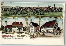 72213 W7272 Wart Lithographie Pfarrhaus Gasthaus zum Hirsch Schule Wappen