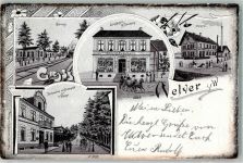 59514 W4777 Welver 1910 Gebrauchsspuren Lithographie Bahnhof Molkerei Gasthaus zum Buchenwald Geschäftshaus Bussmann