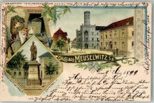 04610 O7404 Meuselwitz , Thür 1899 Lithographie Denkmal Wilhelm I. Zwerg Glück auf Kohle Stadthaus