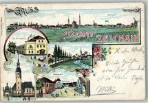 01619 O8401 Zeithain 1900 Gebrauchsspuren Lithographie Windmühle Kirche Gasthaus zum Stern Gemeinde-Amt Gasthaus Lorenz