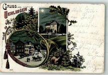 79777 W7899 Ühlingen 1899 Gebrauchsspuren Lithographie-Mondschein Dorfstraße Rehbock Eichenblatt