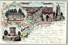 64347 W6103 Griesheim , Hess 1899 Lithographie Kriegerdenkmal Friedrich August-Denkmal Dorfstraße Bahn