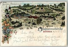 04571 O7209 Rötha 1897 Lithographie Gasthaus Obstweinschänke Beerenweinflaschen