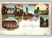 04895 O7901 Uebigau , Elster 1900 Lithographie Schloss Gasthaus Steiner Stadtkirche Anna-Kanal Elster-Brücke