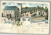 09322 O9294 Penig 1906 Lithographie Gasthaus Feldschlößchen Konzertgarten Springbrunnen