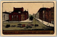 Kattowitz Katowice 1914 Künstlersteindruck Marktszene Friedrichsplatz Stadttheater