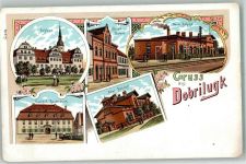 03253 O7981 Doberlug-Kirchhain Lithographie Dobrilugk Schloß Neuer Bahnhof Kaisl. Postamt Alter Bahnhof Gasthaus zum Rautenstock