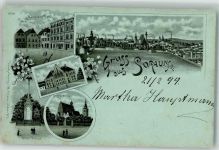 Sorau Zary 1899 Lithographie Ev. Kirche Kriegerdenkmal Marktplatz