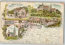 64625 W6140 Schönberg , Bensheim 1899 Lithographie Putto Schloß Schönberg Gasthaus zur Traube Kirche