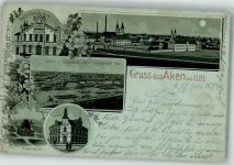 06385 O4372 Aken 1899 Lithographie / Mondschein Postamt Hafen Lagerhaus Bismarck-Eiche E-Werk